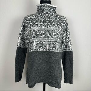 Merona Fair Isle Knit Sweater Size Large Grey White Turtleneck Side Slit Stretch